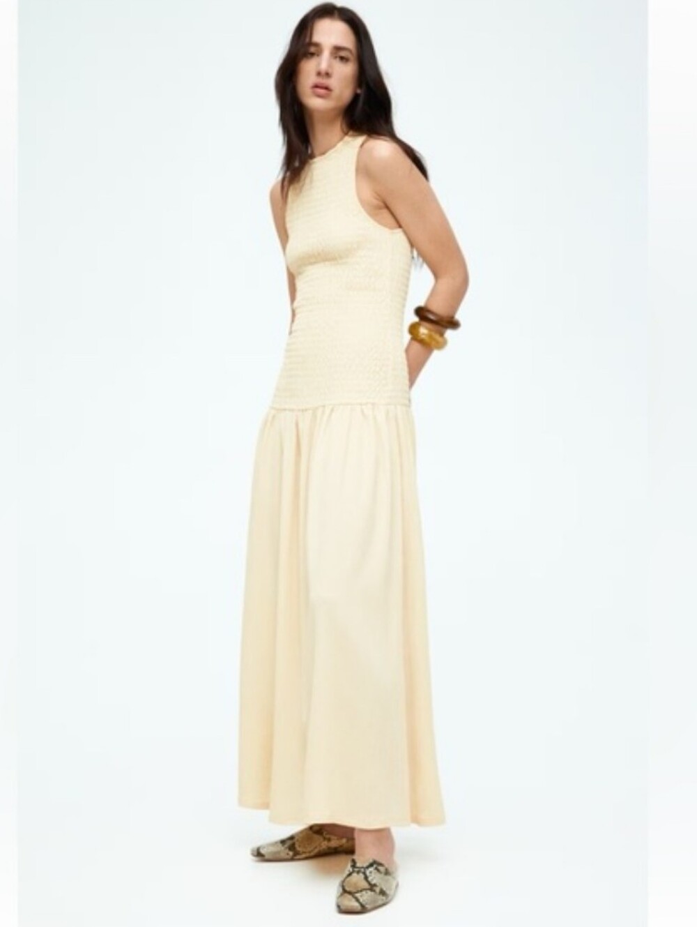 H&M SMOCKED JERSEY MAXI DRESS Yellow Size S - Picture 7 of 16
